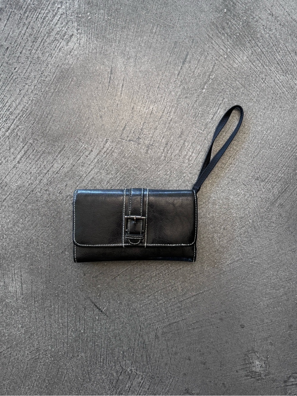 Black Leather Wristlet Wallet with Buckle Detail